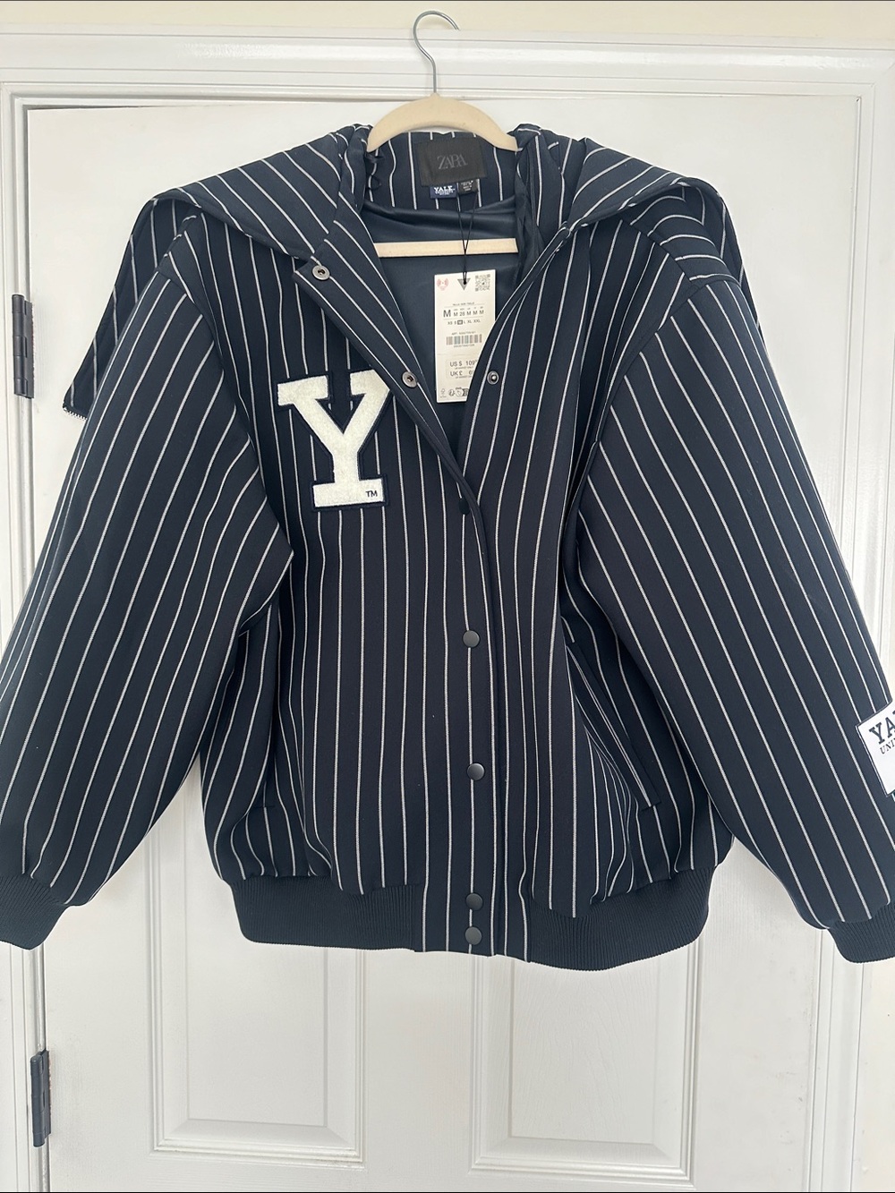 Zara Black Pinstripe Hooded Bomber with White 'Y' Patch